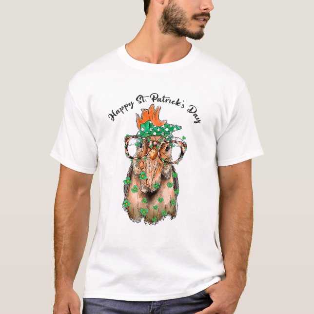 Camiseta Feliz Dia de São Patrício Shamrock Leaf Chicken Le (Frente)