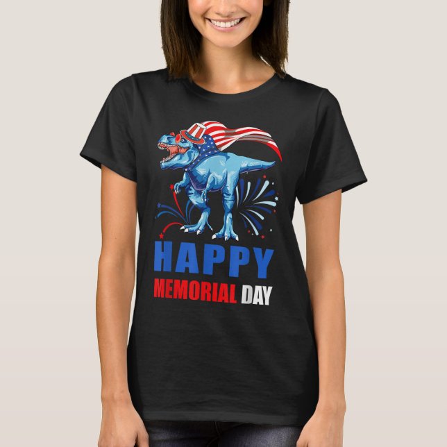 Camiseta Feliz Dia Memorial 4 De Julho Dinossauro Americano (Frente)