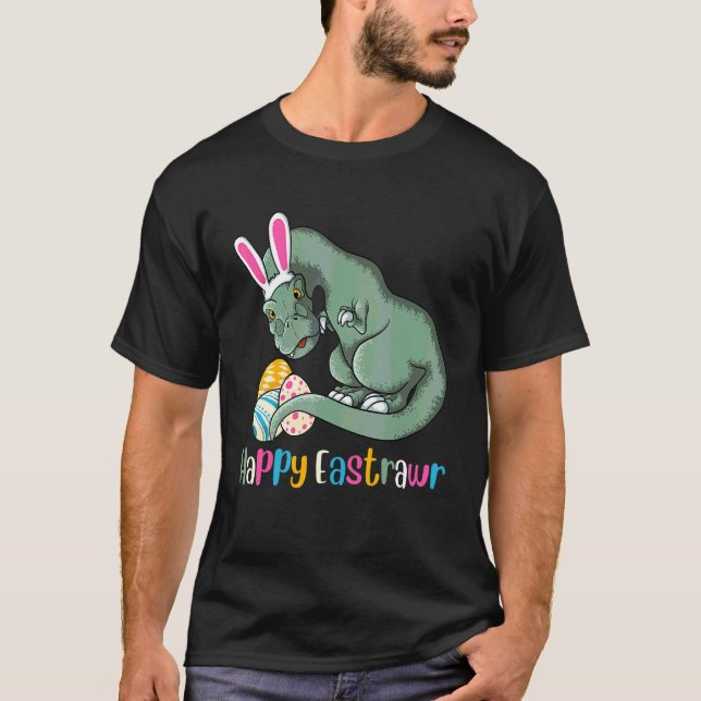 Camiseta Feliz Dinossauro de Páscoa Engraçada Bu (Frente)