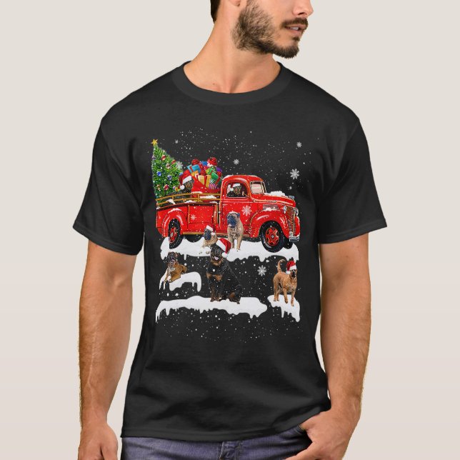 Camiseta Feliz do Bullmastiff Riding Red Truck Xmas (Frente)