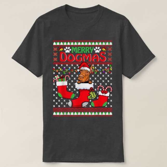 Camiseta Feliz Dogmas Doberman Dog Engraçado Frio Natal Xma (Frente do Design)