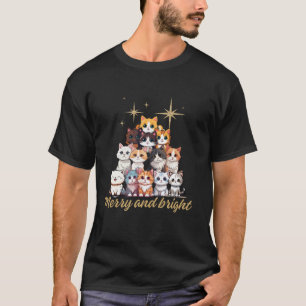 Camiseta Feliz E Bright Gato Árvore De Natal Garotas Divert