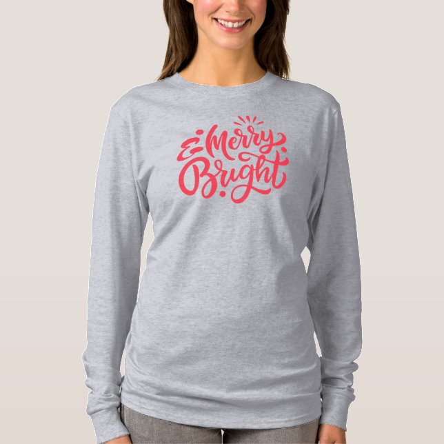 Camiseta Feliz e Bright Moderno, Capa Longa de Natal Vermel (Frente)