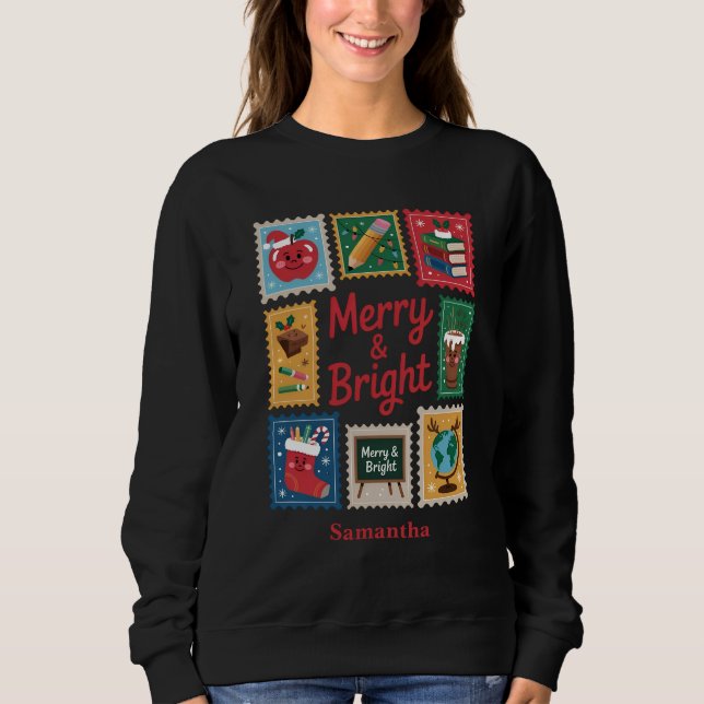 Camiseta Feliz e Bright, professor de Natal Collage Black (Frente)