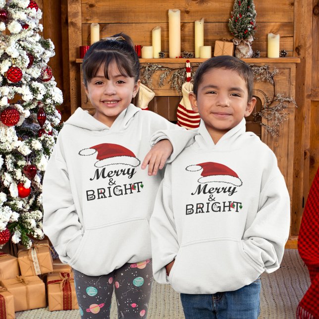 Camiseta Feliz e Brilho com as Crianças de Natal do Papai N (Merry & Bright with Santa Hat Christmas Kids Hoodie)