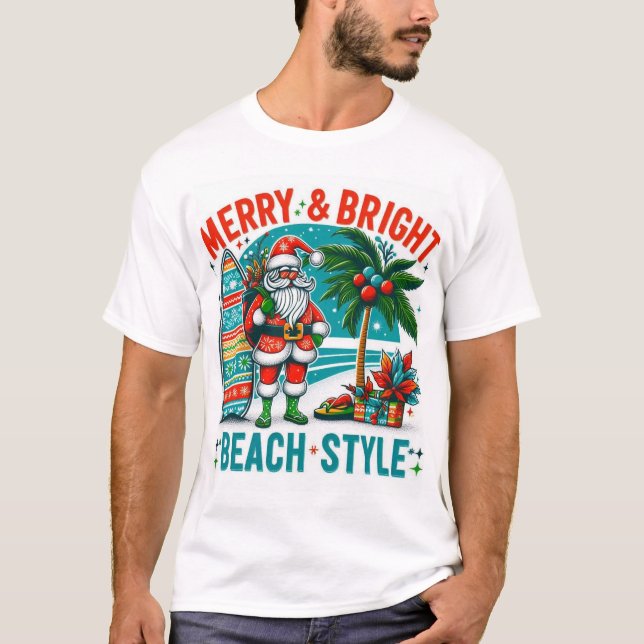Camiseta Feliz e Brilho, Estilo de Praia - Natal Festivo Pa (Frente)