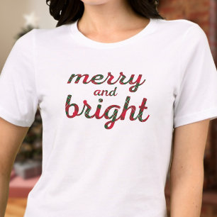 Camiseta Feliz e Brilho - script de tartan verde-vermelho