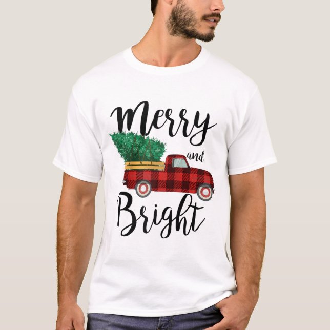 Camiseta Feliz e caminhão de natal brilhante raglan (Frente)
