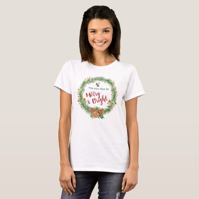 Camiseta Feliz e coroa de natal brilhante (Frente Completa)