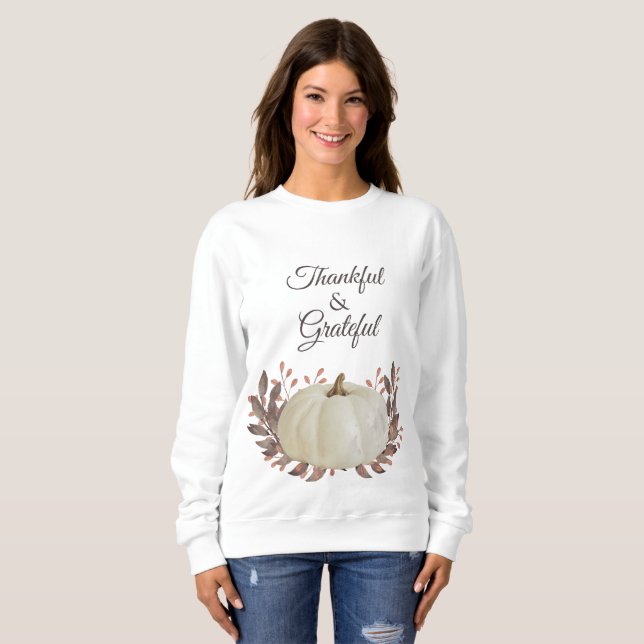 Camiseta Feliz e Grata Pumpkin Branco Folha de Castanho (Frente Completa)