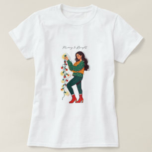 Camiseta Feliz e Luzes de Natal Brilhantes