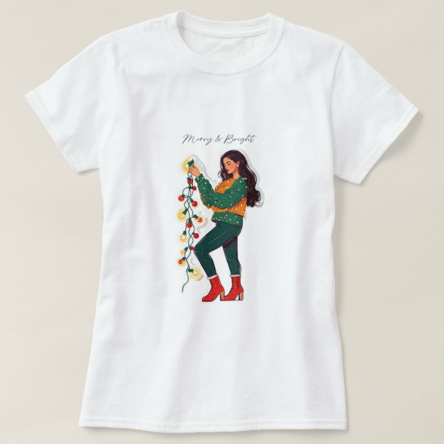 Camiseta Feliz e Luzes de Natal Brilhantes (Frente do Design)