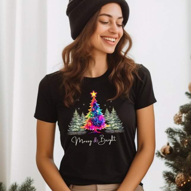Camiseta Feliz e Neon Brilhante Árvore de Natal Negra (Criador carregado)