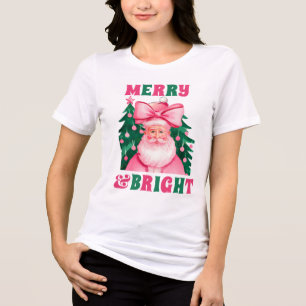 Camiseta Feliz e Papai Noel Rosa Brilhante
