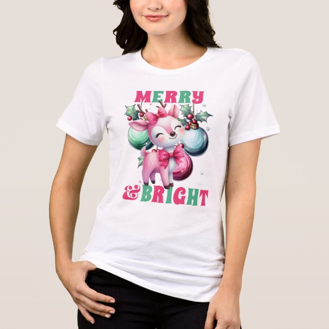 Camiseta Feliz e Reinador de Natal Rosa Brilhante (Frente)