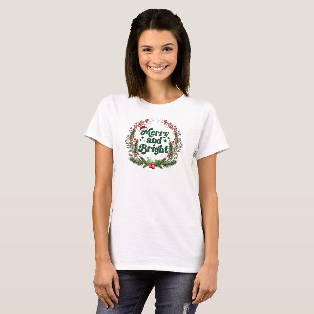 Camiseta Feliz e vermelho-claro, branco-verde, bom Natal (Frente Completa)