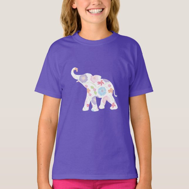 Camiseta Feliz Elefante Branco com Flores- Camisa-T (Frente)