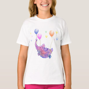 Camiseta Feliz Elefante Estrelado Voando Em Balões Colorid