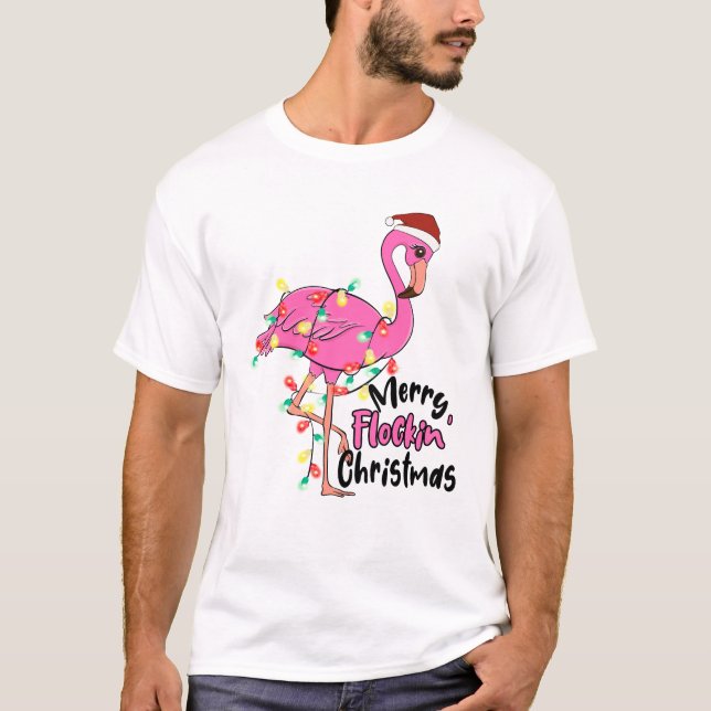 Camiseta Feliz Engraçada Flamingo de Natal (Frente)