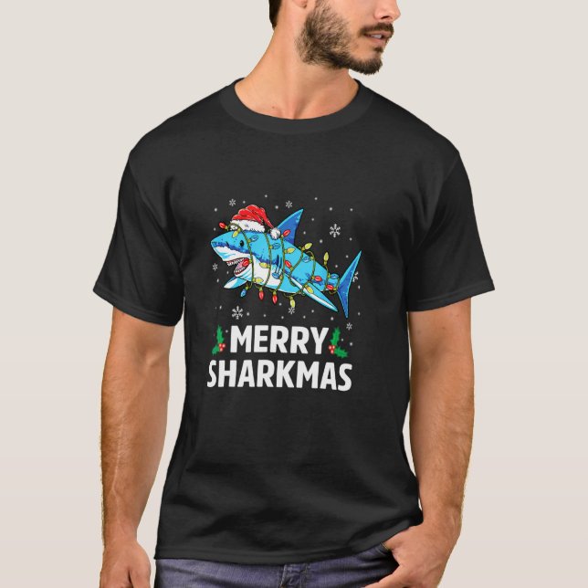 Camiseta Feliz engraçada Sharkmas Tubarão-doce Santa Hat Ug (Frente)