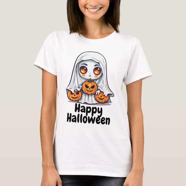Camiseta Feliz Fantasma e Pumpkins de Halloween (Frente)