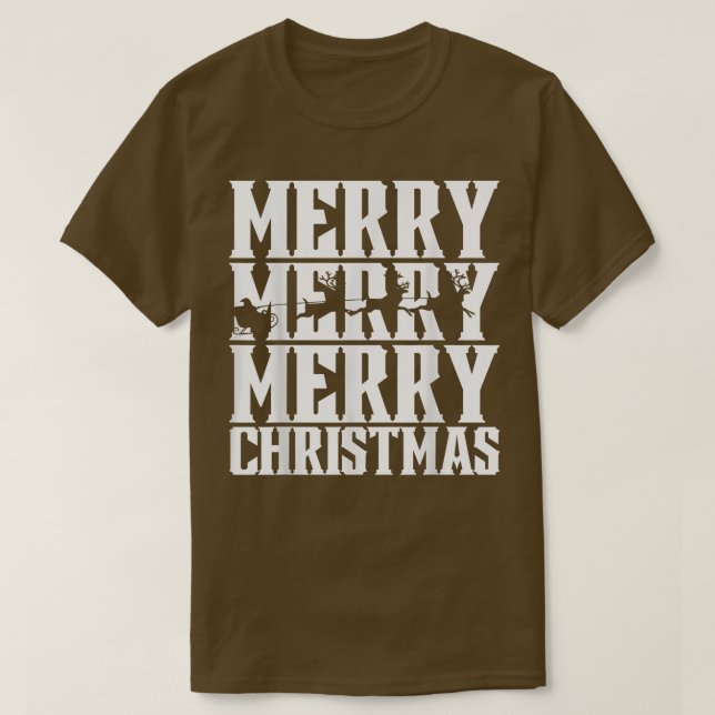 Camiseta Feliz Feliz Feliz Natal Santas Sleigh e voando (Frente do Design)