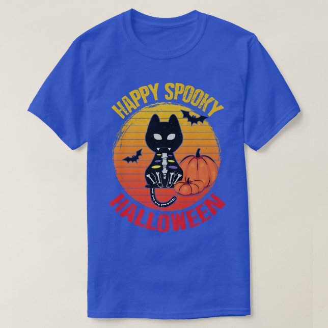 Camiseta Feliz Feliz Halloween Gato Bonito Esqueleto Engraç (Frente do Design)