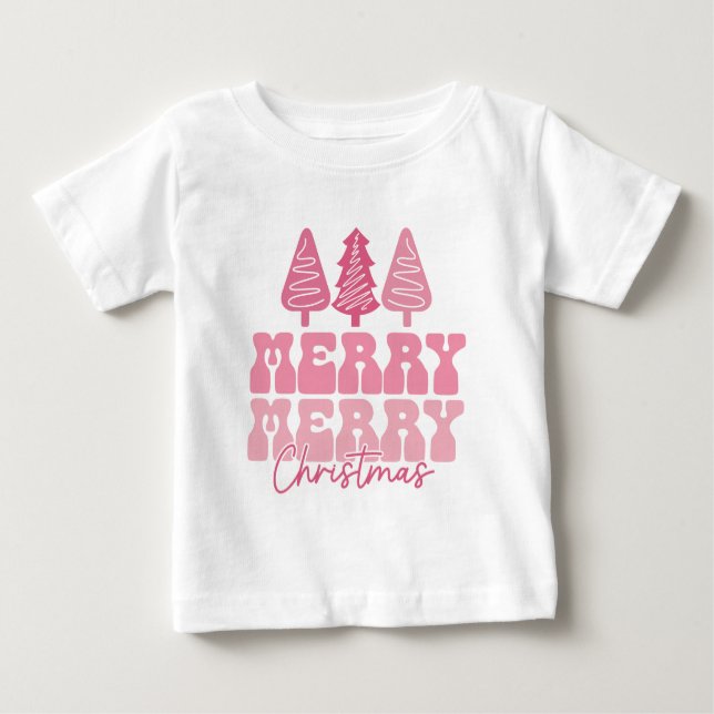 Camiseta Feliz Feliz Natal - Design de Férias Rosa (Frente)