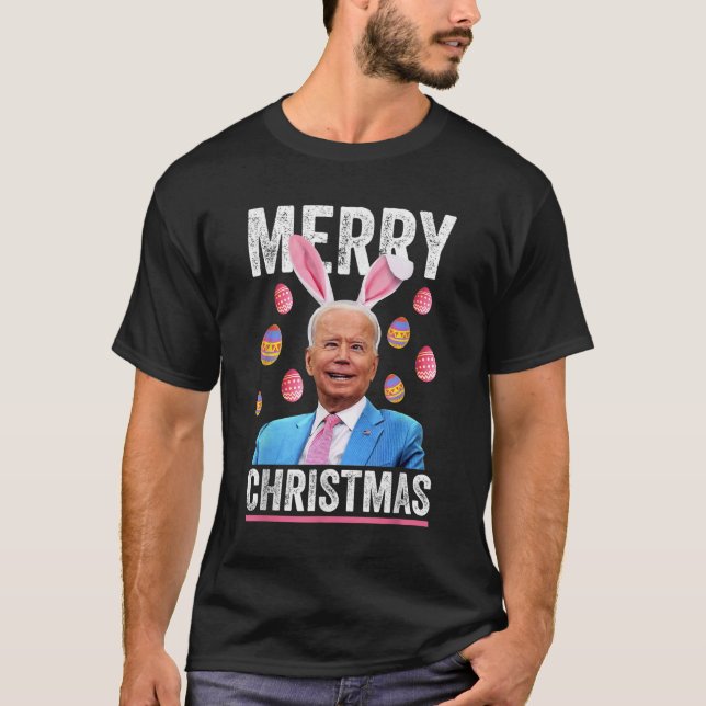 Camiseta Feliz Feliz Natal Engraçado Biden Confuso para Eas (Frente)