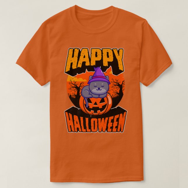 Camiseta Feliz Festa de Halloween Cute Napping Kawaii Witch (Frente do Design)