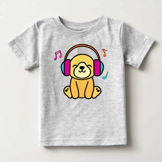 Camiseta Feliz filhote sorridente com fones de ouvido. (Frente)