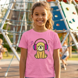 Camiseta Feliz filhote sorridente com fones de ouvido.