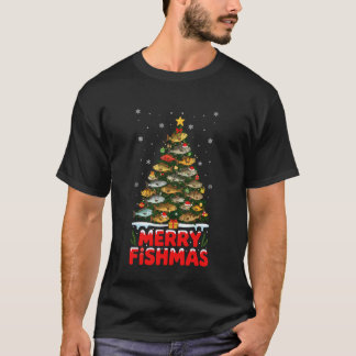 Camiseta Feliz Fishmas Luzes Divertidas de Natal Árvore de