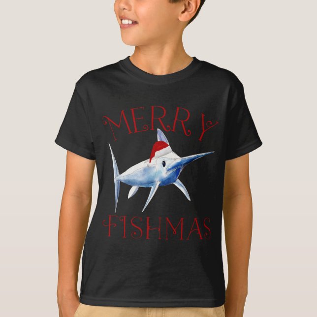 Camiseta Feliz Fishmas Marlin Santa Hat Natal (Frente)