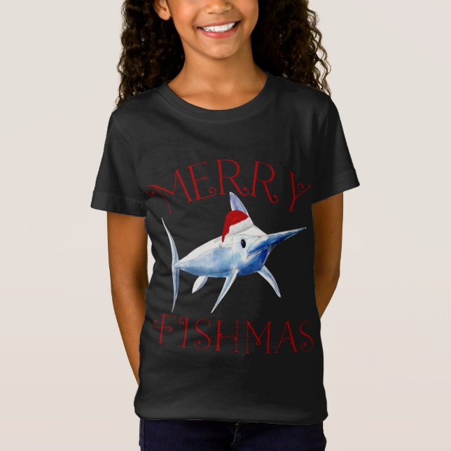 Camiseta Feliz Fishmas Marlin Santa Hat Natal (Frente)