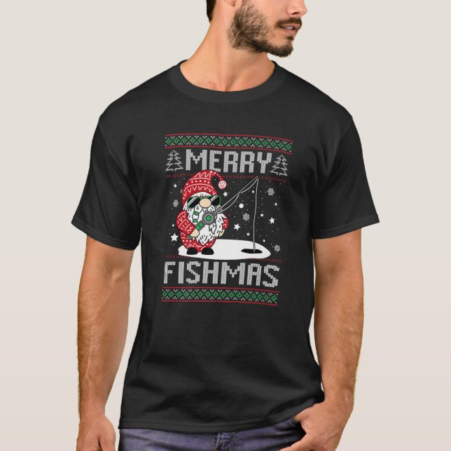 Camiseta Feliz Fishmas Pesca Gnome Papais noeis de Natal Fi (Frente)