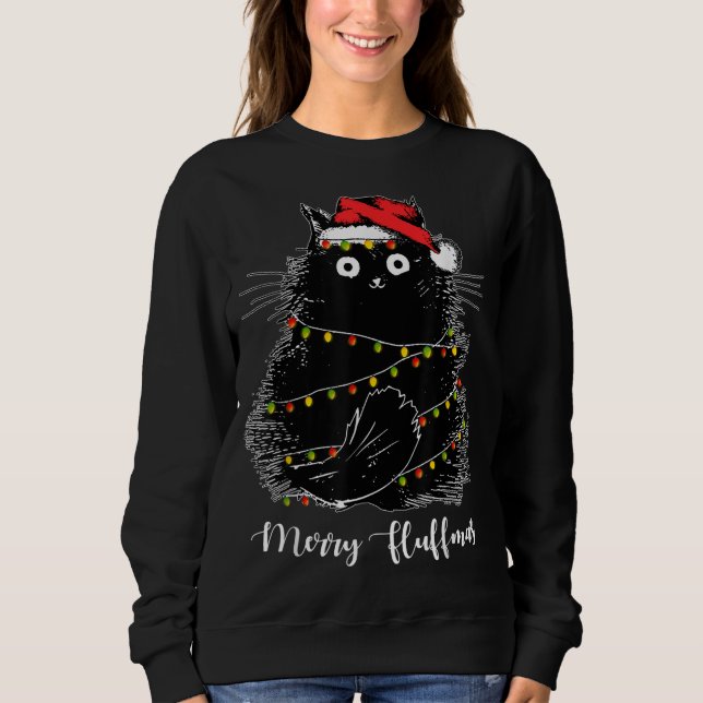 Camiseta Feliz Fluffmas Cats com Santa Hat Luzes De Natal (Frente)
