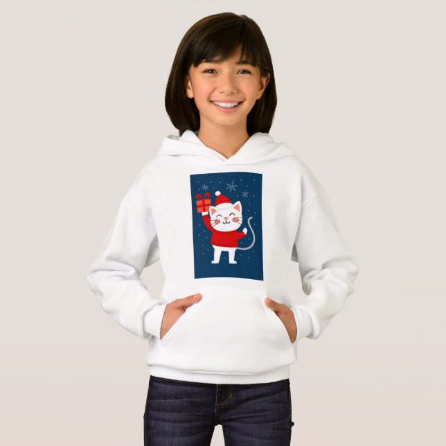 Camiseta Feliz Gatmas – Gato Branco com Presente e Estilo d (Frente Completa)