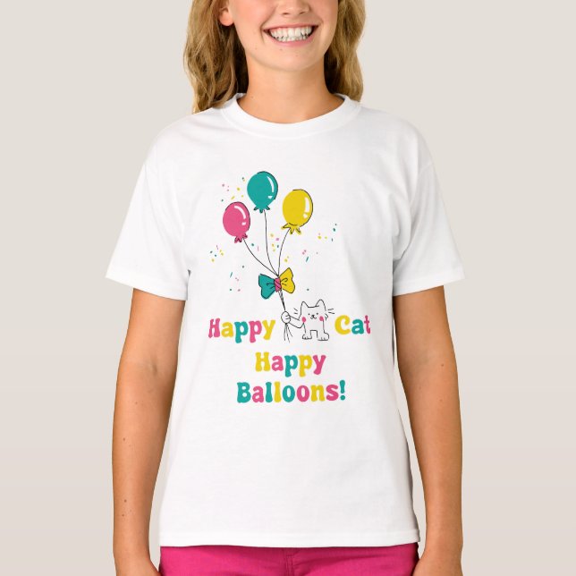 Camiseta Feliz Gato, Balões Felizes! 🎈 🐱 (Frente)