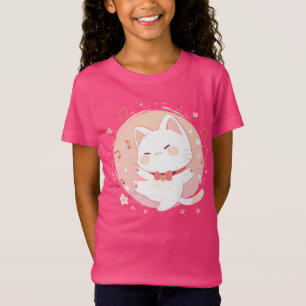Camiseta Feliz Gato Branco Kawaii Dançando Música