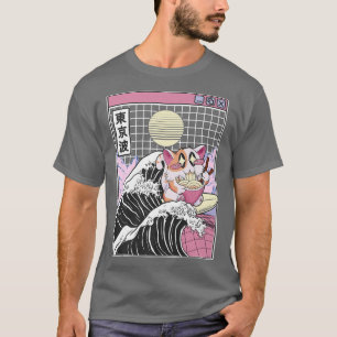 Camiseta Feliz Gato Comendo Ramen Navegando no Kanagawa Wav
