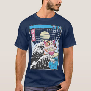 Camiseta Feliz Gato Comendo Ramen Navegando no Kanagawa Wav