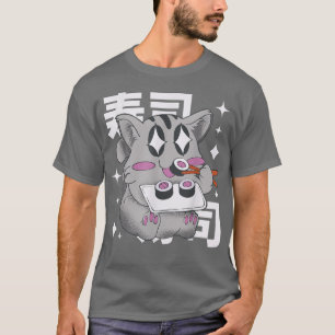Camiseta Feliz Gato Comendo Sushi Japão Estilo Kawaii Anime