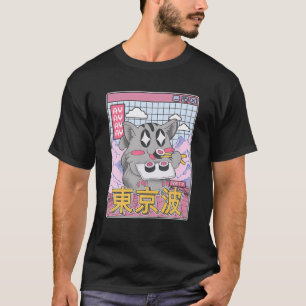 Camiseta Feliz Gato Comendo Sushi Vaporwave Anime Estético 