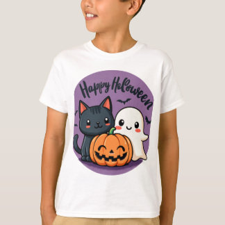 Camiseta Feliz Gato de Halloween, Fantasma e Abóbora