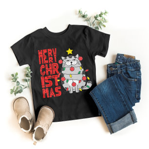 Camiseta Feliz gato de Natal com luzes de Natal