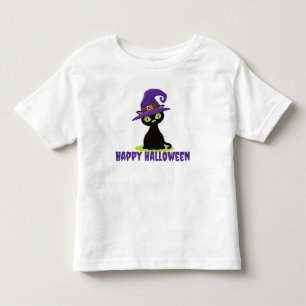 Camiseta Feliz Gato Negro de Halloween Vestindo um Chapéu d