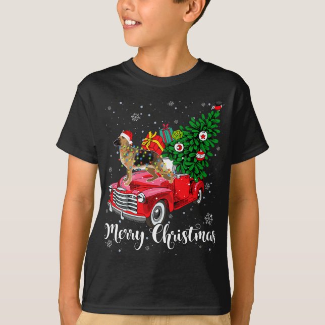 Camiseta Feliz German shepherd de Natal Papais noeis Vermel (Frente)