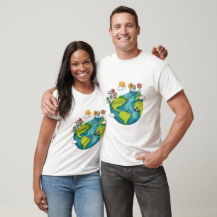 Camiseta Feliz globo glóbulo e Flores do Dia da Terra