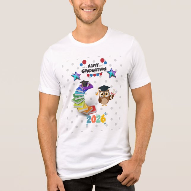Camiseta Feliz Graduação 2026 - Coruja Fofa & Livros (Frente)